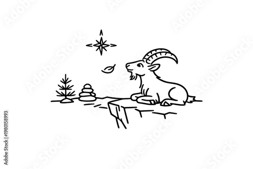 Black line drawing of a mountain goat on a rocky ledge