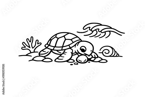 Black line art sea turtle with shell and wave elements