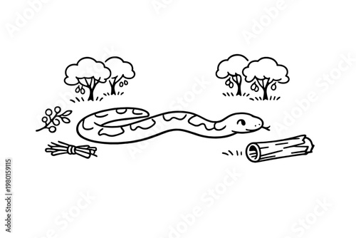 Black line drawing of a snake with trees and forest elements