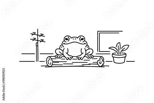 Line art frog sitting on a log in a simple room scene