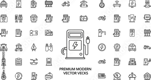 Electric vehicle charging station line icon set featuring battery energy car charger technology outline vector collection