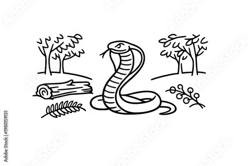 Black line drawing of a cobra with trees and forest elements
