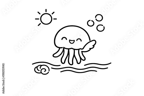 Cute jellyfish line icon with sun, bubbles, and waves