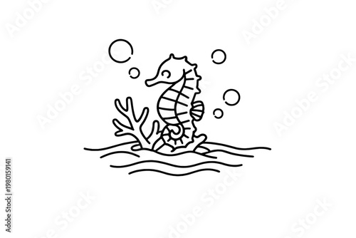 Black line seahorse underwater icon illustration