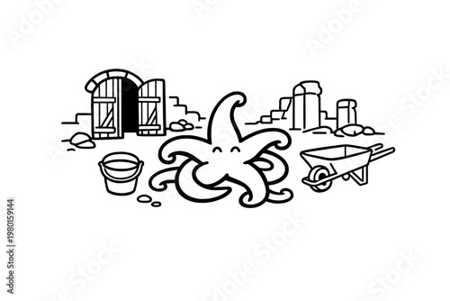 Cute octopus in a garden line art illustration