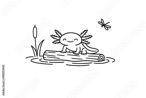 Cute axolotl line drawing on a log in pond water