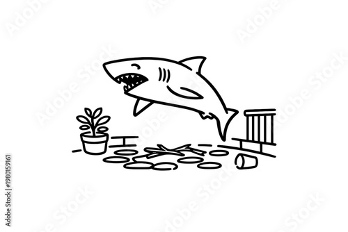 Shark jumping above litter and plant in black outline icon