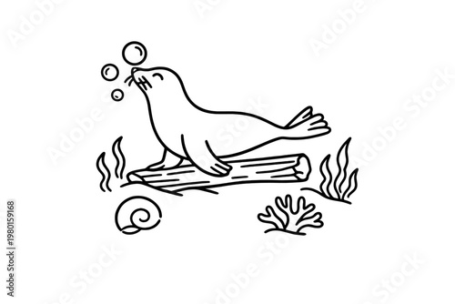 Black line icon of a seal on driftwood underwater