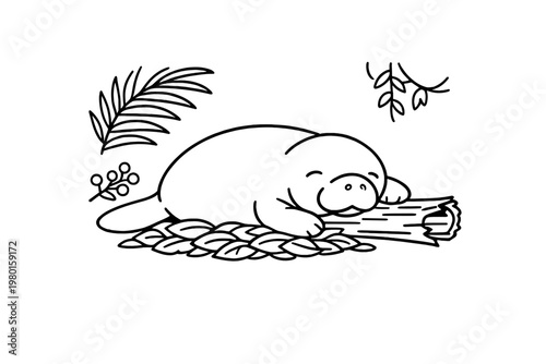 Sleeping manatee line drawing with tropical leaves