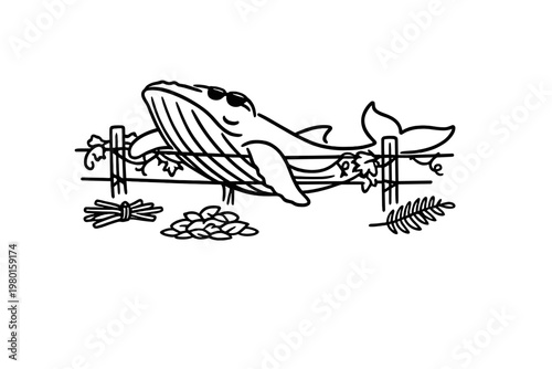 Whale resting on a fence in black line art