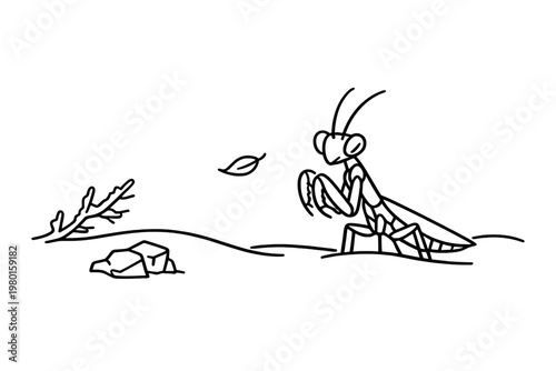 Minimal line drawing of a praying mantis in a natural scene