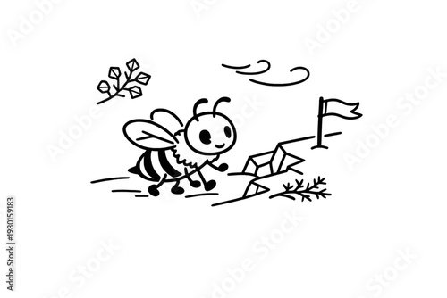 Cute bee hiking near rocks and a flag line drawing