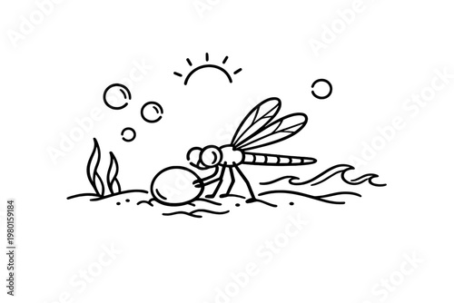 Black line art dragonfly in an underwater scene