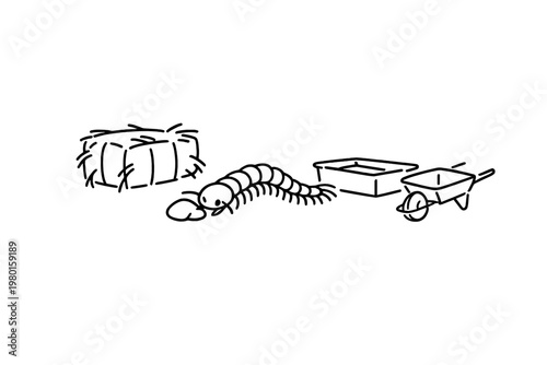 Black line icons of farm and garden items in a row