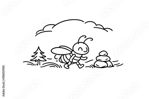 Cute bee line drawing in a simple outdoor landscape