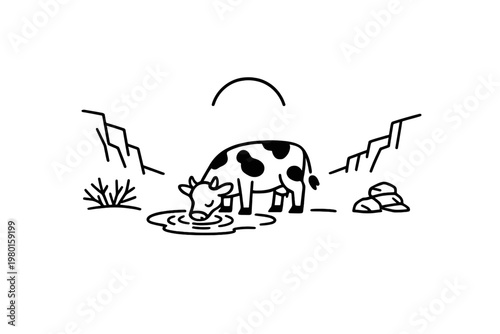 Black line icon of a cow drinking water in a dry landscape