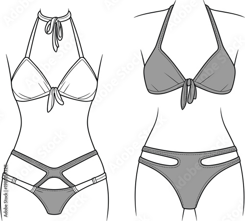 Front and back view of a grey and white bikini with halter neck and strappy details swimsuit swimwear