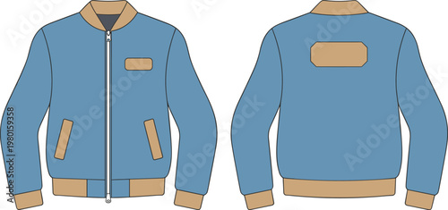 Front and back view of a blue bomber jacket with tan accents and zipper outerwear clothing