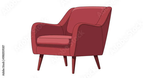 A digital illustration of a modern comfortable armchair with a red upholstery and wooden legs
