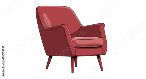 A digitally illustrated modern red armchair with a rounded back and wooden legs is shown