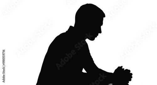 Man sitting alone in thoughtful silhouette against white background looking down