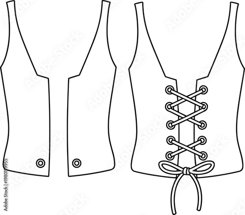 Front and back view of a laced vest and separate front panels with buttons waistcoat garment