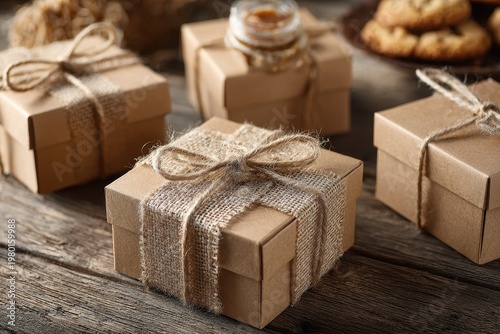 Top-down view of twine-wrapped cookie boxes on a warm wooden surface