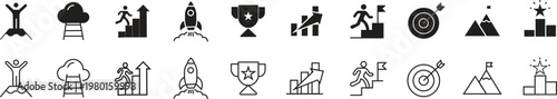 Business success and achievement icon set, 20 growth and motivation vector elements, black solid and outline career progress symbols for corporate presentations