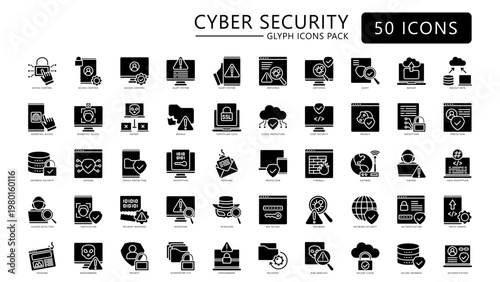 Cyber Security glyph icons pack. contain access control, alert, biometric, botnet, privacy, certificate, database, defense and more. Vector EPS 10 for UI or UX kit, web and app development.