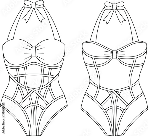 Front and back view of a halter neck one-piece swimsuit with intricate strapping bathing suit swimwear