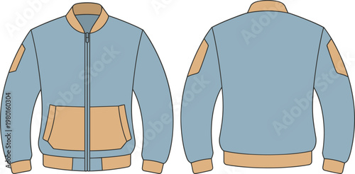 Front and back view of a light blue bomber jacket with tan accents and a zipper closure outerwear apparel