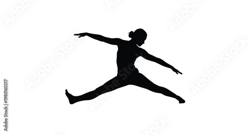 Silhouette of a woman jumping in a dynamic pose with arms outstretched and legs apart widely