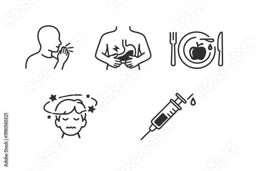 Minimalist black and white line art icon set depicting health symptoms and medical concepts: person coughing, stomach ache, food allergy on a plate, dizzy head with stars, and a medical syringe.