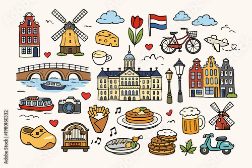 Amsterdam Travel Doodle Set with Cute Hand Drawn City Symbols and Landmarks. Features Canal Houses, Windmill, Bicycle, Tulip, Cheese, Dutch Flag, and Traditional Food in Line Art Style.