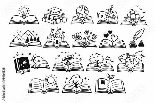 Hand Drawn Line Art Book Symbols and Icons Set Illustrating Diverse Themes Like Knowledge, Adventure, Fantasy, Nature, Science, and Storytelling for Education, Library, and Creative Projects.