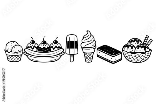 Set of black and white line art illustrations of ice cream treats featuring scoops in waffle bowls, banana split, popsicle, soft serve cone, and ice cream sandwich, isolated vector icons.