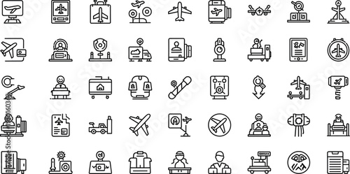 Airport travel and aviation line icon set featuring airplane flight passenger luggage minimal outline vector collection