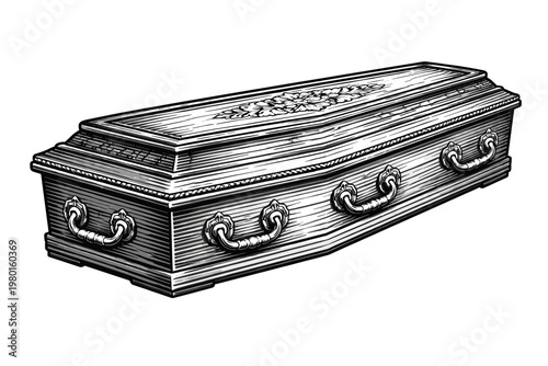 Classic Wooden Coffin with Detailed Carving and Handles, Vintage Funeral Illustration in Black and White Vector Art. Ornate Casket for Burial Ceremony and Mourning Rituals Isolated on White.