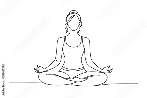 Continuous one line drawing of a woman sitting in a lotus yoga pose for meditation. Minimalist black line art vector of a female figure practicing mindfulness and zen wellness on white background.