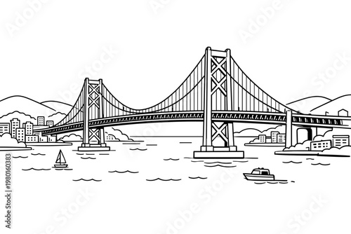Detailed Black and White Line Drawing of a Large Suspension Bridge Spanning a Bay with a City Skyline, Rolling Hills, and Boats on the Water, Perfect for a Coloring Book or Architectural Design