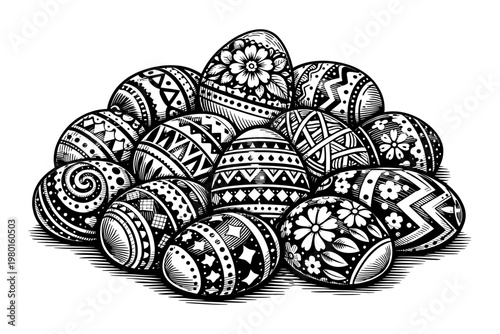 Vintage Engraving Style Illustration of a Pile of Highly Decorated Easter Eggs with Complex Geometric and Floral Patterns, Ornate Hand-Drawn Woodcut Vector Art for Holiday Greeting Cards and Decor