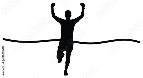 Man in black silhouette crossing finish line with arms raised in victory and celebration