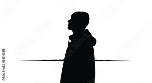 Vector graphic illustration of a man in a hoodie shown in black silhouette profile view standing alone