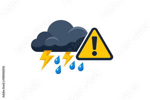 Weather warning icon featuring a dark storm cloud with lightning bolts and raindrops next to a yellow exclamation mark warning triangle, symbol for severe weather alerts and storm forecasts.