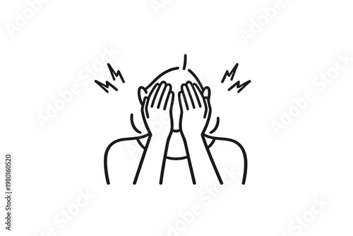 Minimalist line art icon of a woman covering her face with her hands, representing stress, headache, migraine pain, anxiety, mental exhaustion, burnout, depression, and emotional distress.