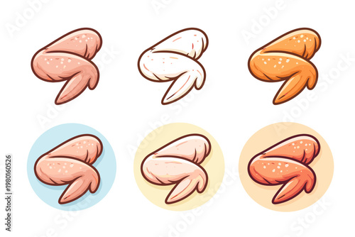 Set of chicken wing icons in various styles including raw and cooked poultry meat cuts for restaurant menus, food product packaging, butcher shop supplies, and culinary design vector illustration.