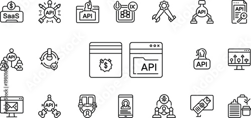 API integration and SaaS platform line icon set featuring software interface automation technology outline vector collection