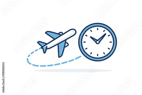 Flight Time and Travel Duration Concept Illustration with Airplane and Clock. Minimalist Flat Vector Icon Representing Airline Schedules, Flight Delays, Time Zone Changes, and Global Tourism.