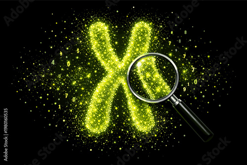 Glowing yellow-green particle cloud forming a chromosome outline with a magnifying glass and digital numbers on a black background, representing genetic research, DNA analysis, and biotechnology.
