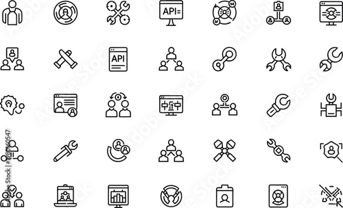 API integration and developer tools line icon set featuring system connections automation configuration and software development